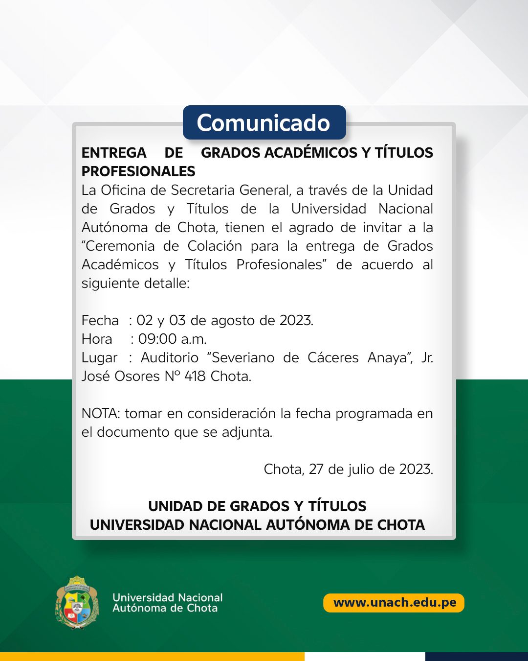 ENTREGA DE GRADOS ACADÉMICOS Y TÍTULOS PROFESIONALES 
